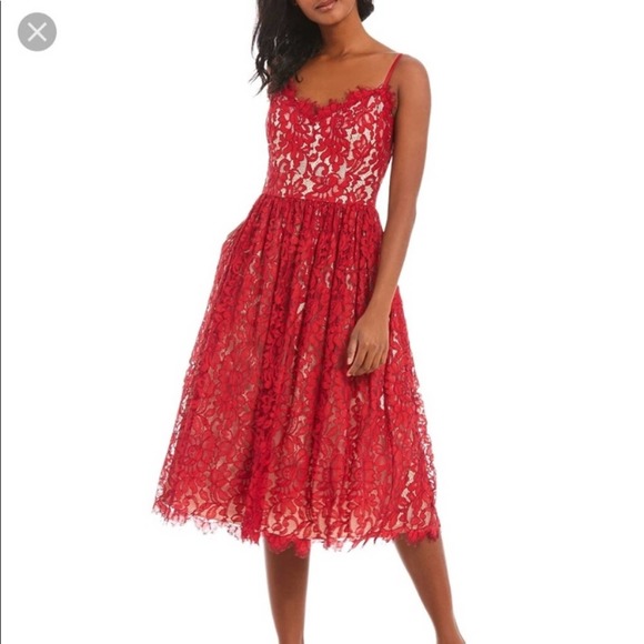 Eliza J Red Gathered‎ Lace Midi Dress - Picture 1 of 5